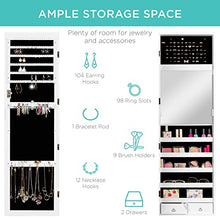 Load image into Gallery viewer, Best Choice Products Full Length Hanging Mirror Jewelry Armoire Cabinet, Makeup Storage Organizer, Wall Mounted, w/Interior Mirror, LED Lights, Lock, Cosmetics Tray, Brush Holders, 4 Shelves
