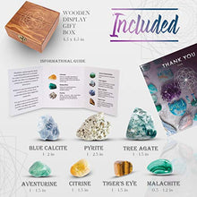 Load image into Gallery viewer, Crystalya Premium Grade Crystals and Healing Stones for Abundance and Prosperity in Wooden Box - Malachite, Pyrite, Citrine, Aventurine, Blue Calcite, Tree Agate, Tiger's Eye Gemstones + Info Guide

