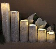 Load image into Gallery viewer, LED Lytes Flameless Timer LED Candles Slim Set of 6, 2" Wide and 2"- 9" Tall, Silver Coated Wax and Flickering Warm White Flame for Home and Wedding Decor
