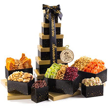 Load image into Gallery viewer, Christmas Gift Basket Holiday Dried Fruit &amp; Nuts Black Tower + Ribbon (12 Assortments) Gourmet Food Bouquet Xmas Arrangement Platter, Birthday Care Package, Healthy Kosher Snack Box - Adults Men Women

