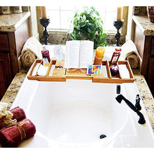 Load image into Gallery viewer, Wine Rack H Luxury Bamboo Bathtub Caddy Bath Tub Tray with Extending Sides Built in Book Tablet Holder Cellphone Tray &amp; Integrated Wineglass Holder and Other Accessories Placement
