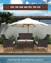 Load image into Gallery viewer, MIERES Patio Furniture Sets 4 Pieces-Sturdy Wicker Outdoor Indoor Conversation Bistro |304 Metal Feet | Bench Seat Two Rattan Chairs One Glass Top Table |for Porch Backyard, Brown
