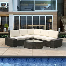 Load image into Gallery viewer, 6 Pieces Patio Furniture Sets,Luxury Outdoor All Weather PE Rattan Wicker Lawn Conversation Sets,Garden Sofa Set with Coffee Table and Couch Cushions for Patio, Backyard, Pool (Beige-6PCS)
