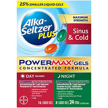 Load image into Gallery viewer, ALKA-SELTZER PLUS Maximum Strength PowerMax Sinus and Cold Medicine, Day + Night Liquid Gels for Adults with Pain Reliever, Fever Reducer, Cough Suppressant, Nasal Decongestant, 24 Count
