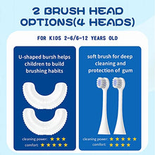 Load image into Gallery viewer, Kids U Shaped Electric Toothbrush with 4 Brush Heads, Ultrasonic Autobrush Toothbrush Kids with 5 Modes, Cartoon Dinosaur 360-Degree Cleaning IPX7 Waterproof Design (2-6 Age (Blue))
