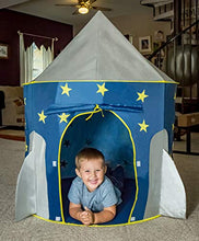 Load image into Gallery viewer, FoxPrint Rocket Ship Tent - Space Themed Pretend Play Tent - Space Play House - Spaceship Tent for Kids - Foldable Pop Up Star Play Tent Blue
