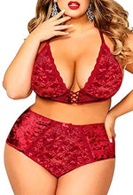 Load image into Gallery viewer, Women’s Crushed Velvet Lingerie Set, Cute Mesh Lace up Halter Bralette &amp; High Waist Panty(Wine,2XL,325a)
