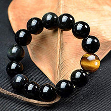 Load image into Gallery viewer, SX Commerce Natural Obsidian Bracelet Black Natural 10MM or 12MM Stone with a Unique Tiger Eye Good Gift for Men and Women(10MM)
