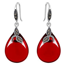 Load image into Gallery viewer, EVER FAITH 925 Sterling Silver Red Chalcedony Crystal Retro Black Leaf Teardrop Hook Earrings
