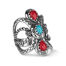Load image into Gallery viewer, American West Sterling Silver Red Coral and Blue Turquoise Gemstone Twisted Rope &amp; Zigzag Motif Ring Size 07
