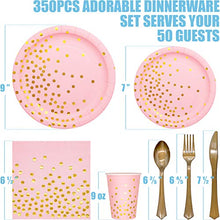 Load image into Gallery viewer, Pink and Gold Party Supplies 350PCS Disposable Dinnerware Set - Pink Paper Plates Napkins Cups, Gold Plastic Forks Knives Spoons for Birthday Bridal Baby Shower Valentine's Day Bachelor Wedding Party
