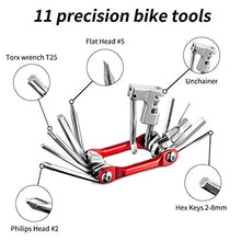 Load image into Gallery viewer, Bike Multitool, Multi Function Tools - 11 in 1 with Portable Chain Repair Tool Kit and Felt Bag - for Road and Mountain Bikes, MTB, BMX Etc - Silver + Red.
