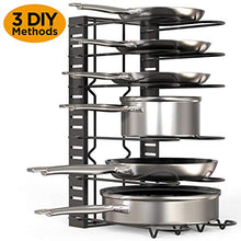 Load image into Gallery viewer, GeekDigg Pot Rack Organizer under Cabinet, 3 DIY Methods, Height and Position are Adjustable 8+ Pots Lid Holder, Black Metal Kitchen Pantry Cookware Organizer (Upgraded Version)
