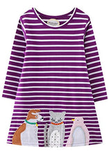 Load image into Gallery viewer, Toddler Girls Cotton Christmas Dress Long Sleeve Casual Purple Stripe Cat Appliques Playwear Jersey Shirt Dresses 4T
