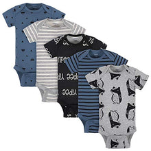 Load image into Gallery viewer, Grow by Gerber Baby Boy's Organic 5-Pack Short-Sleeve Onesies Bodysuits Pants, Black/White/Grey/Blue, 0-3 Months
