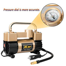 Load image into Gallery viewer, iKer Portable Air Compressor Pump Heavy Duty Tire Inflator for Car,Truck,SUV Tires,12V 70L/Min Double Cylinders Metal Air Pump 150PSI with Battery Clamp，11.5ft Extension Air Hose and Tire Repair Kit
