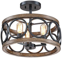 Load image into Gallery viewer, Salima Rustic Farmhouse Ceiling Light Semi Flush Mount Fixture LED Black Circle Wood Grain 16" Wide 3-Light Open Drum for Bedroom Kitchen Living Room Hallway Bathroom - Franklin Iron Works

