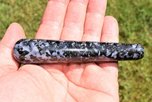 Load image into Gallery viewer, Charged 4" Mystic Indigo Gabbro Crystal Massage Wand + Selenite Charging Heart Included (Stone of Enlightenment Healing Energy)
