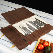 Load image into Gallery viewer, Chef Knife Roll Bag - Handmade Waxed Canvas and Leather Knife Bag Stores 10 Knives + Zipper Pocket and Shoulder Strap (Dark Brown)
