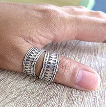 Load image into Gallery viewer, Sterling Silver Ethnic Boho Wide Band Ring, Handmade Tribal Gypsy Adjustable wrap around ring With Geometric Engraving, fit as Thumb Ring, Gift for Her

