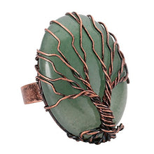 Load image into Gallery viewer, Top Plaza Handmade Retro Vintage Copper Wire Wrapped Tree of Life Oval Green Aventurine Healing Crystal Adjustable Ring Bronze Band Size 6 7 8

