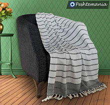 Load image into Gallery viewer, LUXURY Throw Blanket Decorative LightWeight With Fringe 100% COTTON |40”x71”| For Chair Couch, Boho Farmhouse Rustic Decor Turkish Towel + Evil Eye Beach Bath Spa Gym Yoga Picnic| (Black White)
