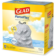 Load image into Gallery viewer, Glad ForceFlex Tall Kitchen Drawstring Trash Bags – 13 Gallon Trash Bag, Fresh Clean scent with Febreze Freshness – 110 Count (Package May Vary)
