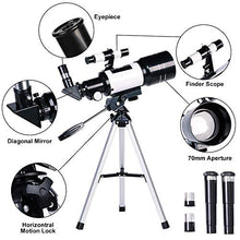 Load image into Gallery viewer, ToyerBee Telescope for Kids&amp; Beginners, 70mm Aperture 300mm Astronomical Refractor Telescope, Tripod&amp; Finder Scope- Portable Travel Telescope with Smartphone Adapter and Wireless Remote

