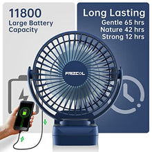 Load image into Gallery viewer, Clip on Fan 65 Hours Portable Desk Fan Rechargeable with LED Lights &amp; Hooks 11800 Capacity Battery Operated Fan with Clips Small Desk Fan Mini Fans for Tents Travel Outdoor Camping Golf Cart Emergency
