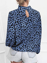 Load image into Gallery viewer, Valphsio Women Leopard Print Blouse Shirts Stand Collar Long Sleeves Vintage Casual Tops Blue
