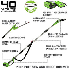 Load image into Gallery viewer, Greenworks 40V 8-inch Cordless Pole Saw with Hedge Trimmer Attachment 2.0Ah Battery and Charger Included
