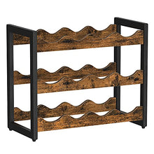 Load image into Gallery viewer, SONGMICS Countertop Wine Rack, 3-Tier Display Wine Storage Shelves, Holds 12 Bottles, Bamboo Wobble-Free Bottle Holder for Kitchen Bar Dining Room Living Room, Rustic Brown and Black UKWR011B01
