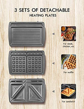Load image into Gallery viewer, Yabano Sandwich Maker, Waffle Maker, Sandwich Grill, 3-in-1 Detachable Non-stick Coating, LED Indicator Lights, Cool Touch Handle, Anti-Skid Feet, Black
