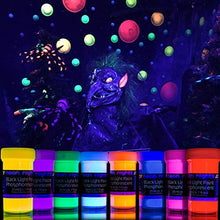 Load image into Gallery viewer, 2-IN-1 Glow In The Dark Acrylic Paint Set by neon nights – Glows in the Dark &amp; under UV Blacklight - Set of 8 Self-Luminous Neon Paints for Halloween - German Premium Quality - Phosphorescent
