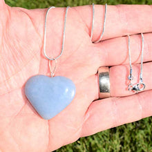 Load image into Gallery viewer, Perfect Pendant CHARGED Natural Angelite Crystal Heart Pendant + 20" Silver Chain + Selenite Heart Charging Crystal Included
