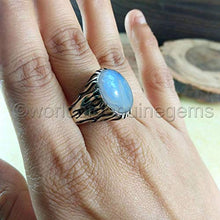 Load image into Gallery viewer, Rainbow Moonstone Silver Ring, Solid 925K Sterling Silver, Cab Oval, Natural Gemstone, Artisan Handcrafted Jewelry, Oxidized Silver, Men's Moonstone Ring, Valentine Day Gift, Propose Ring, Size 5-14
