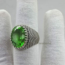 Load image into Gallery viewer, Peridot Mens Ring, 925 Sterling Silver, Checker Peridot Ring, Mens Gemstone Ring, Heavy Mens Ring, Father's Day, Huge Ring, Ring For Him
