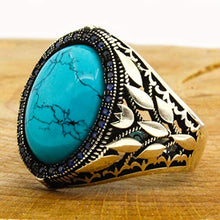 Load image into Gallery viewer, Solid 925 Sterling Silver Rings for Men Turkish Handmade Simulated Turquoise Luxury Design Premium Quality (14.75)
