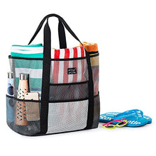Load image into Gallery viewer, SoHo, Mesh Beach Bag - Toy Tote Bag - Large Lightweight Market, Grocery &amp; Picnic Tote with Oversized Pockets (Black/White)

