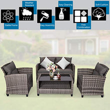 Load image into Gallery viewer, Tangkula 4 PCS Patio Wicker Conversation Furniture Set, Outdoor Rattan Sofa Set with Padded Cushion &amp; Tempered Glass Coffee Table, Wicker Sectional Sofas &amp; Table for Courtyard Balcony Garden (1, Grey)
