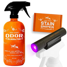 Load image into Gallery viewer, ANGRY ORANGE Pet Odor Eliminator for Strong Odor - Citrus Deodorizer for Dog Urine Smells on Carpet, Furniture &amp; Floors - Puppy Supplies﻿ (24 Fl Oz + UV Flashlight)
