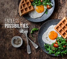 Load image into Gallery viewer, Chefman Anti-Overflow Belgian Waffle Maker w/ Shade Selector, Temperature Control, Mess Free Moat, Round Iron w/ Nonstick Plates &amp; Cool Touch Handle, Measuring Cup Included, Black
