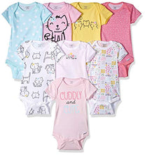Load image into Gallery viewer, Onesies Brand Girls' Standard 8-Pack Short Sleeve Printed Bodysuits, Cuddly Cats &amp; Flowers, 6-9 Months
