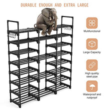 Load image into Gallery viewer, VTRIN Shoe Rack Shoe Organizer 8 Tiers Shoe Rack for Entryway Holds 36-42 Pairs Shoe and Boots Shelf Organizer Storage Organizer Durable Metal with Versatile Hooks Wooden Hammer for Bedroom Black
