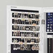 Load image into Gallery viewer, SONGMICS 6 LEDs Mirror Jewelry Cabinet, 47.2"H Lockable Wall/Door Mounted Jewelry Armoire Organizer with Mirror, 2 Drawers, White UJJC93W

