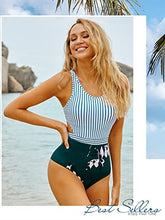 Load image into Gallery viewer, MOLYBELL One Piece Swimsuits for Women High Waisted Bathing Suit Monokini Floral Print Cutout Racerback Zip Up (Green/Hibiscus, Large)
