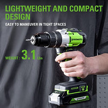 Load image into Gallery viewer, Greenworks 24V Brushless Cordless Hammer Drill Kit, 530 in./lbs Torque, 20+3 Position Clutch, 1/2 '' Keyless Chuck, Variable Speed, 1×2Ah Battery with 2A Charger, LED Light
