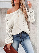 Load image into Gallery viewer, Womens Sweaters Fall 2022 Off Shoulder Long Sleeve Casual Crew Neck Fashion Crochet Knitted Pullover Jumper Top Milky White
