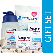Load image into Gallery viewer, Aquaphor Baby Welcome Gift Set, Free WaterWipes and Bag Included, Healing Ointment, Wash &amp; Shampoo, 3 in 1 Diaper Rash Cream, 5 Piece
