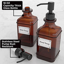 Load image into Gallery viewer, GLADPURE Soap Dispenser 2 Pack, Hand Soap Dispensers with 18 Oz Antique Design Thick Amber Glass Bottle, 316 Rust Proof Stainless Steel Black Pump, 6Pcs Stickers, for Lotion, Soap, Essential Oil
